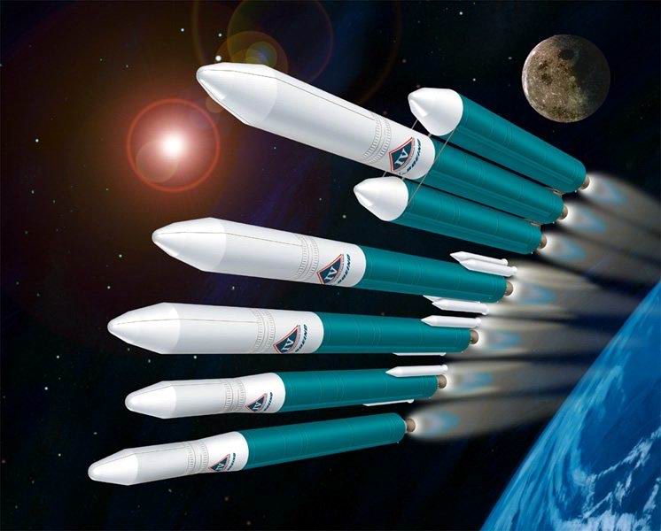 la Delta IV est l’aboutissement d’un des plus anciens lanceurs US, jug&eacute; parmi les plus fiables.  La version &agrave; deux boosters (ici &agrave; droite) servirait ) &agrave; lancer l’OSP. L’option avait d&eacute;j&agrave; &eacute;t&eacute; retenue pour le projet HL-20.