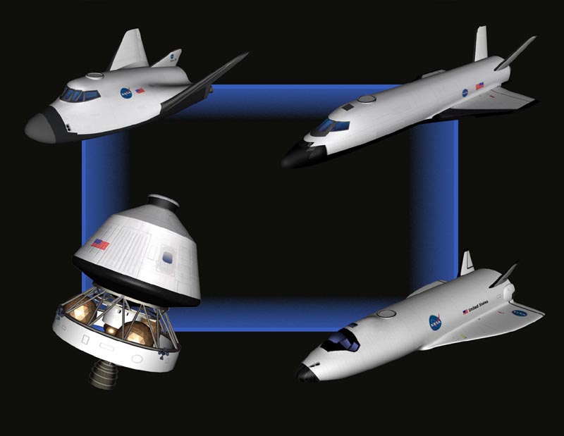 les 4 projets  OSP en lice pour le remplacement de la na navette. La capsule  en bas &agrave; gauche ressemble au projet du CNES pour le ravitaillement de l’ISS.