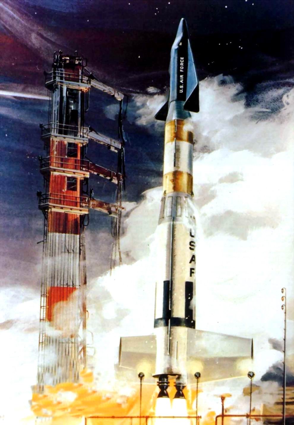 Vue d’artiste du projet DynaSoar : une mini-navette  lanc&eacute;e verticalement par une fus&eacute;e Titan I (la plus puissante de l’&eacute;poque).